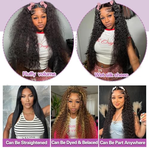 Deep Wave Lace Front Wig Human Hair 13x4 HD Lace Front Deep Wave Wig For Women Frontal Brazilian Human Hair Pre Plucked Curly Wet and Wavy 180 Density Bleached,Average Cap,Tangle Free 24 Inch
