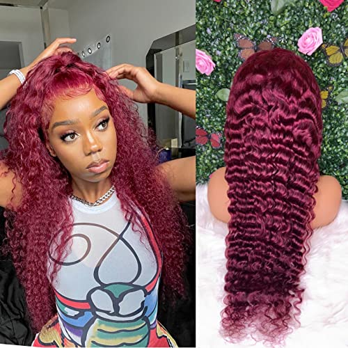 BeautyGrace Red Deep Wave Lace Front Wigs Human Hair 180% Density 13x4 99J Burgundy Human Hair Lace Front Wigs For Fashion Black Women (22 Inch)