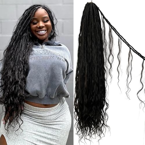 Locs Human Hair Crochet Boho Extensions Pre Looped Goddess Body Wave Curly Ends Knotless Box Braids Faux Locs For Women 18 Inch 24Strands