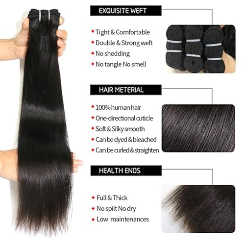Straight Bundles Human Hair 20 22 24 Inch 12A 100% Unprocessed Virgin Human Hair Weave 3 Bundles Deal Human Hair Extension for Women Trippy Hair Bundles Human Hair Natural Black