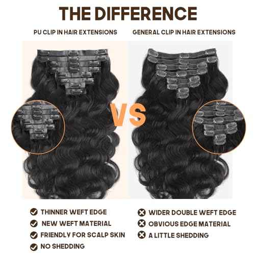 Seamless Clip In Hair Extensions Real Human Hair 8Pcs Body Wave Clip Ins For Black Women Brazilian Virgin Human Hair Extensions with 18 Clips Remy Hair Extensions 120g(14inch, PU Natural Black)