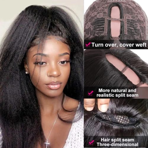 Julia Hair U Part Human Hair Wigs for Women 12A Kinky Straight Braizlian Human Hair Glueless Upart Wig No Glue No Sew in Beginner Friendly 180% Density No Lace Yaki Hair Wig 16 Inch