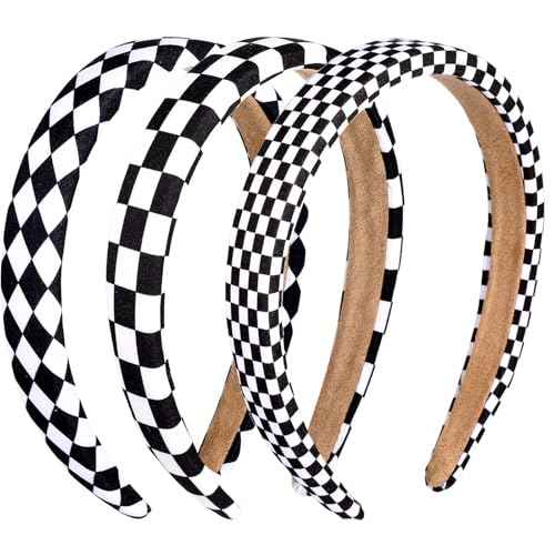 TIESOME 3Pcs Checkered Headbands, Black and White Checkered Headbands Buffalo Plaid Headband for Women Sponge Puffy Gingham Head Bands for Women Christmas Party Hair Accessories
