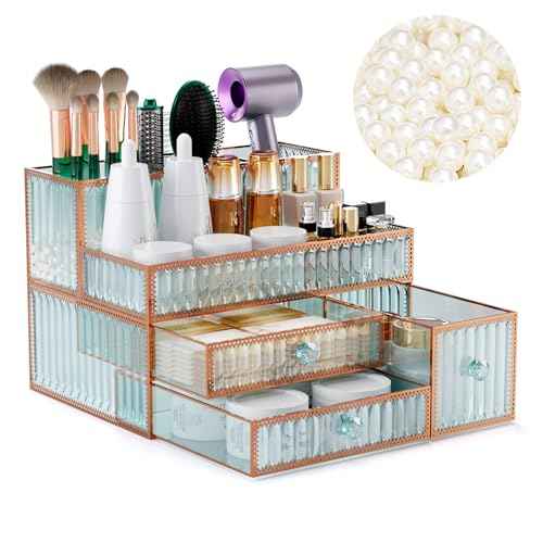 Makeup Organizer Countertop - Tempered Glass Vanity Organizer for Cosmetics, Skincare, Hair Tools, Brushes, Perfume - Multipurpose Bathroom Counter Skincare Organizer