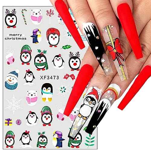 10 Sheets Christmas Nail Art Stickers, 3D Snowflake Nail Decals Cute Cartoon Elk Santa Claus Snowman Penguin Deer Snow Nail Design Xmas Winter Nail Stickers for New Year Holiday Manicure Decoration