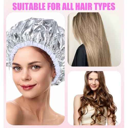 Heat Cap for Deep Conditioning, 4Pcs Hair Mask Heat Cap for Deep Conditioning Oil Treatment, Reusable & Elastic Aluminum Foil Hat Ideal for Coloring Perm, Steam Shower Spa Use