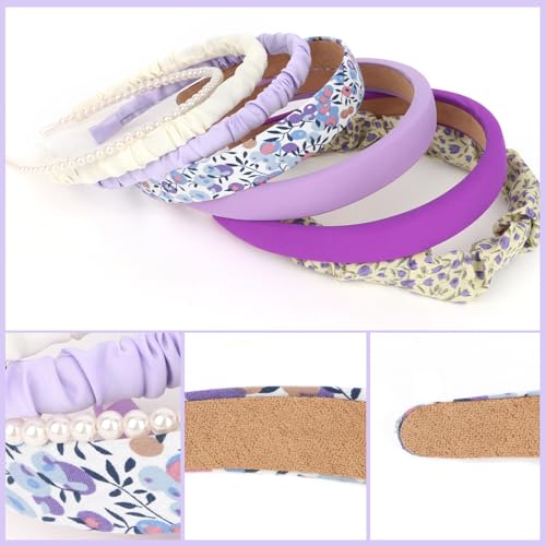 YISSION 7PCS Cute Headbands Set for Girls Women, Non Slip Pearl Headband Floral Head Bands Padded Hairbands, Purple White Headband, Hair Accessories for Girls Women