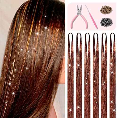 Brown Hair Tinsel Kit with Tools and Instruction Easy to Use 1200 Strands 48 Inches Glitter Tinsel Hair Extensions for Women and Girls, Sparkling Shinny Fairy Hair Accessories for Christmas New Year Halloween Cosplay Party