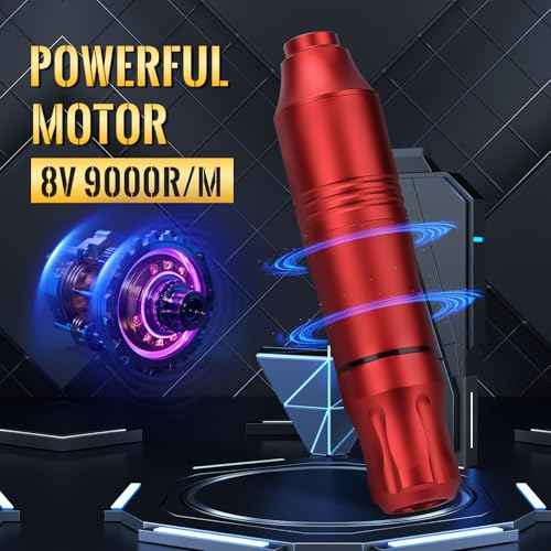 Rotary Tattoo Machine, ATOMUS Tattoo Pen Style Cartridge Machine Gun Liner Shader with DC Clip Cord 50pcs Mixed Cartridge Needles 10pcs of Each 1RL 3RL 5RL 7RL 9RL (Red)