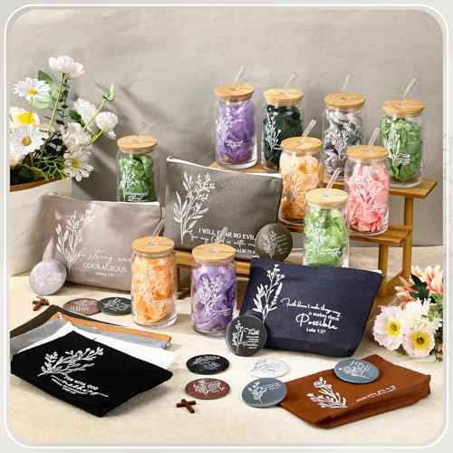 Fumete Christian Gift for Women Sunday School Teacher Thanksgiving Flower Makeup Bag Bible Verse Coffee Cup with Bamboo Lid Straw Pastor Wife Mini Compact Mirror Religious Church Gift(Bible-d,10 Sets)