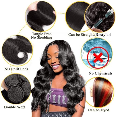 Bundles with Closure Body Wave 100% Unprocessed Brazilian Human Hair 100g Natural Black Virgin Human Hair Weave 3 Bundles with 4x4 Lace Closure (12 14 16+10 Natural Black)