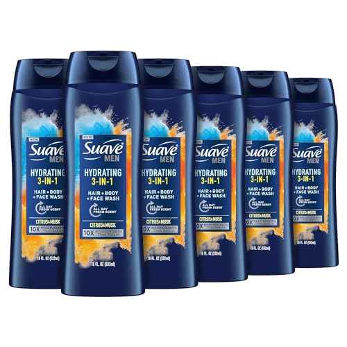 Suave Men Moisturizing Body, Face and Hair Wash, 3-in-1 For Hydrated Skin and Hair, Citrus & Musk scent, No Parabens, No Phtahaltes, 18 Oz Pack of 6