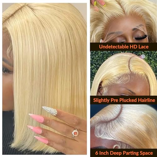 613 Bob Wigs 13x6 Blonde Lace Front Wig Human Hair Bob 180% Density Straight 613 Blonde Wig Human Hair Free Part Pre Plucked 14 Inch HD Transparent Blunt Cut Lace Front Bob Wigs for Black Women