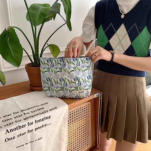 Makeup Bag for Women,Canvas Zipper Women Purse,Small Makeup Bag,Floral Cosmetic Bag,Fashion Cosmetic Brush Organizer,Sister Gift Travel Toiletries Bag(Blue)