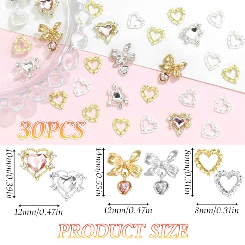 Heart Nail Charms 3D 30PCS Crystal Bow Nail Charms Gold Silver Heart Charms for Nails Crystal Nail Gems and Rhinestones for Nail Art and DIY Crafts Decoration