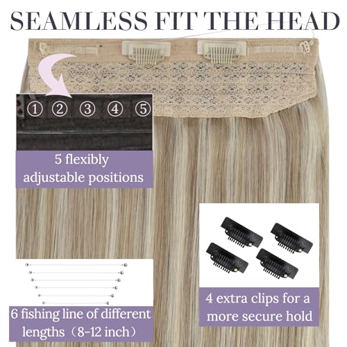 Fshine Invisible Wire Hair Extensions 16 Inch Golden Blonde Highlight Light Blonde Secret Hairpiece Adjustable Fish Line Wire Extensions Clip ins Straight Remy Hair 80 G