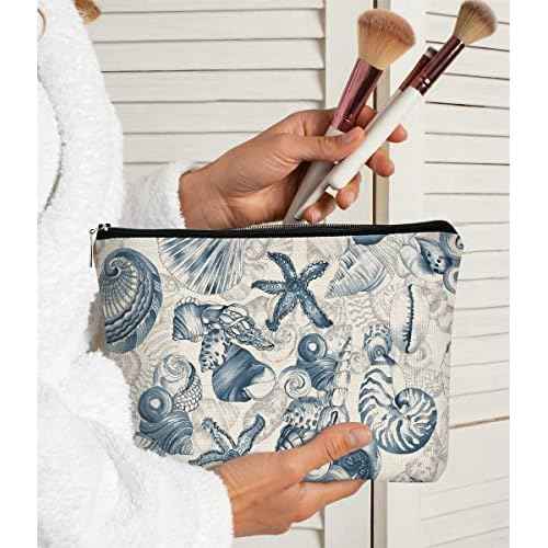 Retro Watercolor Seahorse Seashell Graffiti Makeup Bag, Beach Pouch for Sunscreen, Girls Beach Cosmetic Bag Idea for Women, Girls, Sister, Birthday Party, Pool, Summer Party