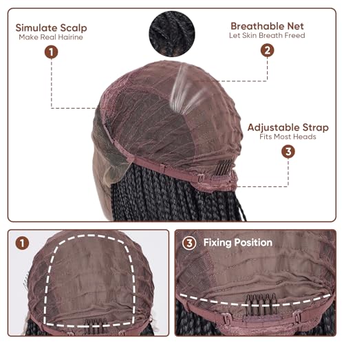 Glueless Dreadlock Extensions Cornrow Long Braided Wig for Black Women, 34in Natural Soft Faux Locs Crochet Kinky Headband Lace Front Synthetic Braiding Human Hair Curly Half Wig (Black)(Black)