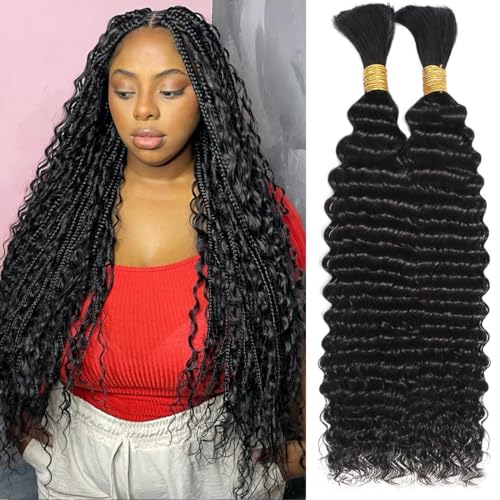 Human Braiding Hair for Boho Braids 24 Inch 110g Deep Wave Bulk Human Hair for Braiding No Weft 12A Curly Human Hair Extensions for Boho Braids 2 Bundle Wet and Wavy Human Hair