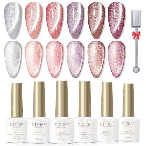 MIZHSE Glitter Cat Eye Gel Nail Polish Set - 6 Colors Holographic Pink Puprle Red Cateye Gel Polish with Magnet Soak Off U V LED Magnetic Gel Polish for DIY Salon Nail Art Home Manicure