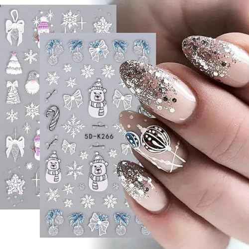 Christmas Nail Art Stickers Snowflake 5D Embossed Nail Decals 8PCS Gold Silver Glitter Snowman Christmas Tree Bell Cane Bear Nail Design Winter Nail Decoration for Acrylic Nails Manicure Decorations