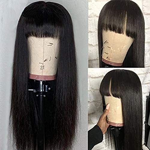 hair Mechine Made wig human hair natural black body wave 150% density with Pre Plucked Hairline with baby hair grade 10A hair wig (20, Straight wig with Bang)