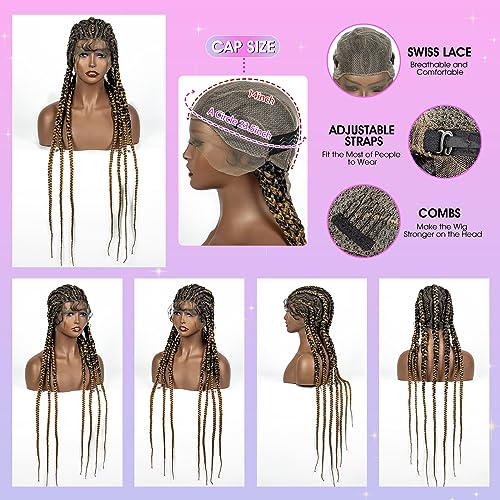 Braided Wigs Synthetic Full Head Lace Wig Braided Wigs for Black Women 36 Inches Braiding Hair 1B/27 Color Lace Frontal Lightweight Artificial Braids Wigs with Baby Hair