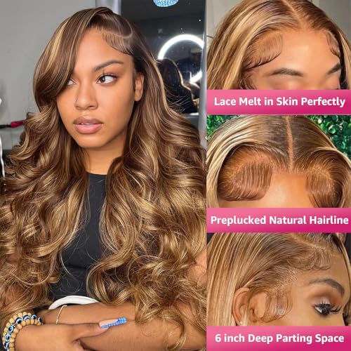 Ombre Honey Blonde Lace Front Wig Human Hair 13x6 Highlight Body Wave Lace Front Wig Glueless Pre Plucked With Baby Hair P4/27 HD Lace Frontal Wigs 200% Density Colored Wigs 22 Inch