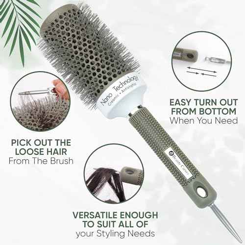 Round Brush,53 mm/2.1Inch Barrel with 2 Clips Round Brush for Blow out with Flexible Nylon 66 Bristles Nano Ionic Heat Resistant Tech for Professional Curling, Styling & Shining Texture