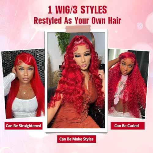 Ice Pear 26 Inch Red Wig Human Hair Pre Plucked Red Lace Front Wigs Human Hair 200% Density 13x6 Colored Wigs for Women Red Body Wave Lace Front Wig
