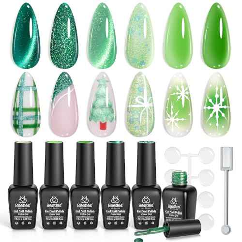 beetles Gel Polish Christmas Green Gel Nail Polish Set 6 Colors Cat Eye Jelly Glitter for Salon Manicure Nail Art DIY at Home UV LED Needed Gifts for Women Girls Enchanted Forest