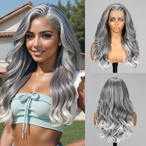 Allbell 13x6 Grey Lace Front Wig for Black Women,Glueless Synthetic HD Lace Wigs,22Inch Body Wave Hair Replacement