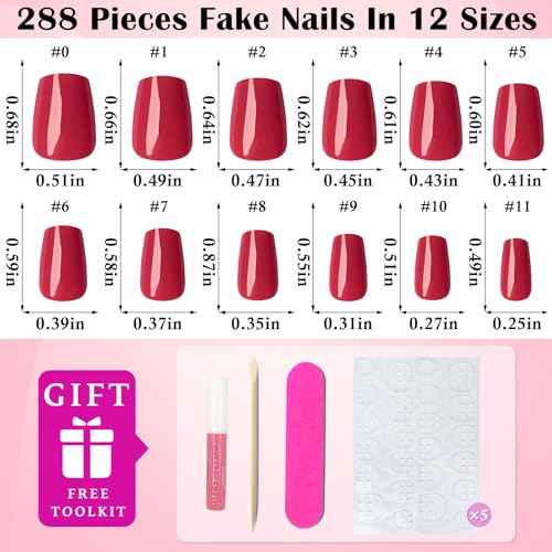 LoveOurHome 288pc XS Coffin Press on Nails Short Fake Nails with Glue Tabs, Berry Red Glue on Nails Press on Nails Women Acrylic Nails XS Coffin Fake Nails Short False Nails Girls Kids Fingernails