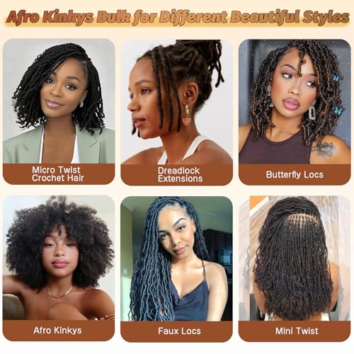 Afro Kinkys Bulk Human Hair For Braiding Dreadlock Extensions Create Repair Braid Micro Twist Afro Kinky Curly Human Hair Bundles Bulks Locs Extensions 1B Natural Black14+14+14 3 bundles/pack