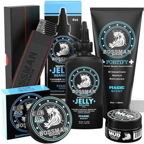 Bossman Complete Beard Kit ? Men's Beard Oil Jelly, Fortifying Shower Conditioner, Balm, Mustache Wax & Comb ? Beard Softener & Grooming Care ? Men Gift Set (Magic Scent)