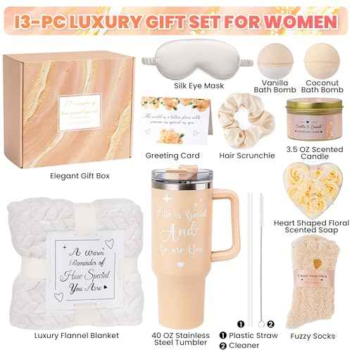 Birthday Gifts for Women Self Care Get Well Soon Gifts, Vanilla Coconut Relaxing Spa Gifts Box Care Package Basket w/ Luxury Blanket 40 oz Tumbler, Christmas Gifts Set for Mom Wife Girlfriend Sister
