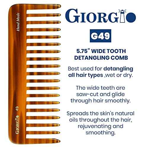 Giorgio G49 Large 5.75 Inch Detangling Comb, Wide Teeth for Thick Curly Wavy Hair. Long Hair Detangler Comb For Wet and Dry. Handmade of Quality Cellulose, Saw-Cut, Hand Polished, Tortoise Shell