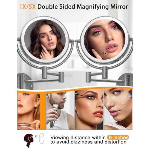 Wall Mounted Lighted Makeup Mirror with Magnification 5X, Rechargeable Magnifying Shaving Cosmetic Mirror with Extendable Swing Arm for Bathroom, Touch Stepless Dimming, Chrome