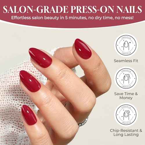 UNA GELLA Red Press On Nails Almond: Fall Halloween Soft Gel Press Ons with Nail Glue, 16 Sizes - 32 Reusable Short Fake Nails Kit, Christmas Mani Gift