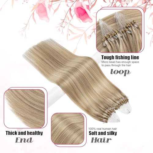 Micro Link Brown Hair Extensions Human Hair Micro Loop Human Hair Extension #16/22 Straight Natural Hair 24 Inch 1g/s 50g Micro Bead Extension(#16/22, 24inch)