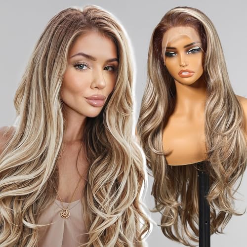 Ash Blonde Synthetic Lace Front Wig,13¡¿6 Blonde mix Brown HD Lace Glueless Wig for Women Daily Use 28IN£¨TT6/107£©