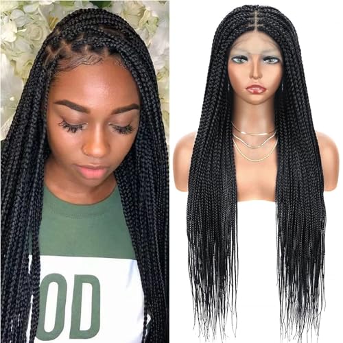 36" Full Lace Knotless Box Braided Wigs for Black Women Twisted Braids Lace Synthetic Frontal Black Cornrow Wig with Baby Hair, Lightweight (1B)