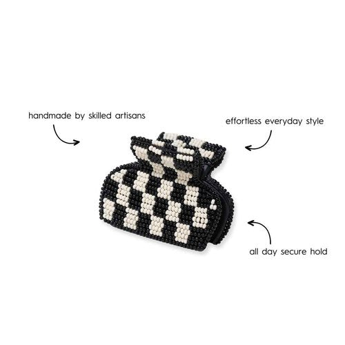 INK+ALLOY Small Beaded Hair Clips, Gia Boho Cute Claw Clips for Women, Mini Claw Clip for Half Up Half Down Hair Styles, Handmade Hair Accessories for the Modern Bohemian (Black and White Checkered)