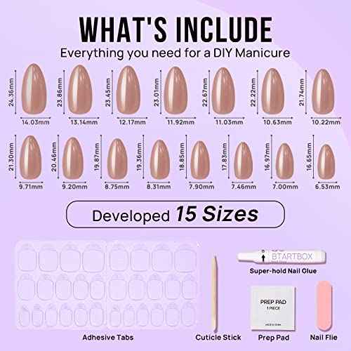 BTArtbox Press On Nails Almond - Fall Press on Nails Meidum Chrome Nails, Light Weight & Fit Perfectly, Fake Nail with Nail Glue, Brown Glue On Nails in 15 Sizes, Chocolate Glazed