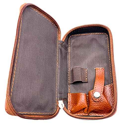 Parker Saddle?Brown Leather Double Edge Safety Razor Case with Blade Compartment ? Zip Travel Pouch