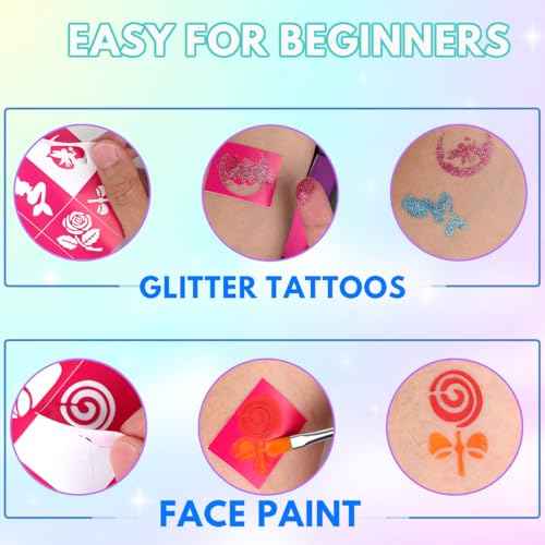 Bowitzki Face Paint Kit with 54 Colors, 8 sheets Stencils, 2 Glitters,10 Brushes, 1 Sheet Gems, Water Based Face Painting Kit, Safe Professional Halloween Party Makeup Set