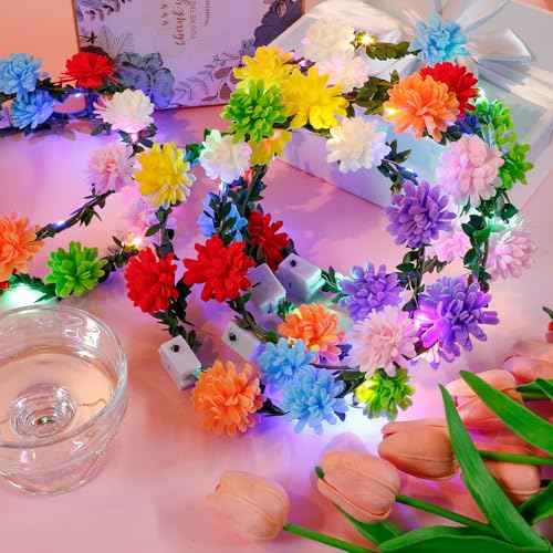 Yunsailing 64 Pcs Halloween Light up Flower Crown LED Glow Party Headband Girl Headpiece Glowing Floral Headdress(Cute)