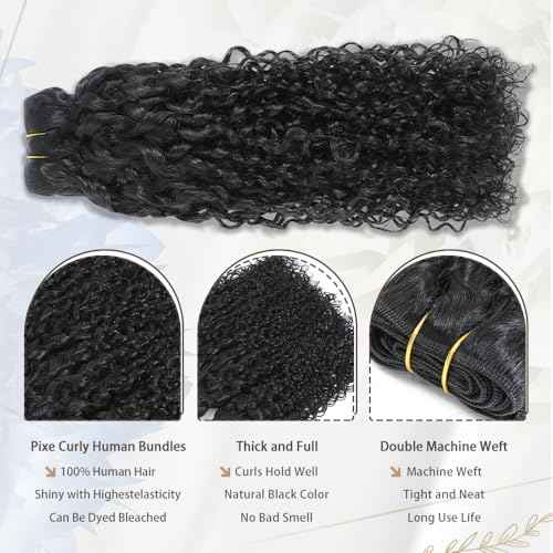 Pixie Curly Bundles Human Hair Water Wave Human Hair Bundles 16 18 20 Inch Kinkycurly Bundles 3c4a Quick Weave Water Wave with Spiral Curly End 100% Raw Virgin Hair Extensions 3pcs Wavy Natural Black