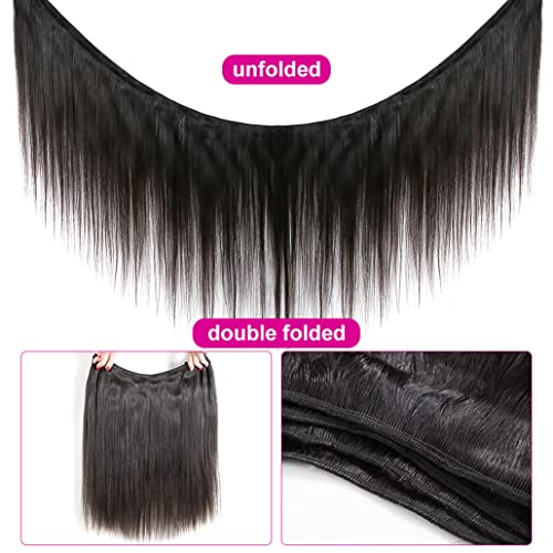 Younsolo Straight Bundles Human Hair 3 Bundles 14 16 18 inches Straight Hair Bundles 12A Brazilian Virgin Hair 100% Unprocessed Quick Weave Hair Extensions Natural Black Color Bundles