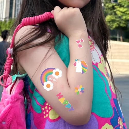 Temporary Tattoo for Kids Unicorn Rainbow Flower,120 Pcs Cute Crown Unicorn Clouds Waterproof Groovy Fake Tattoos Body Face Tattoos Stickers Happy Birthday Party Decorations Gifts for Girls Boys 560